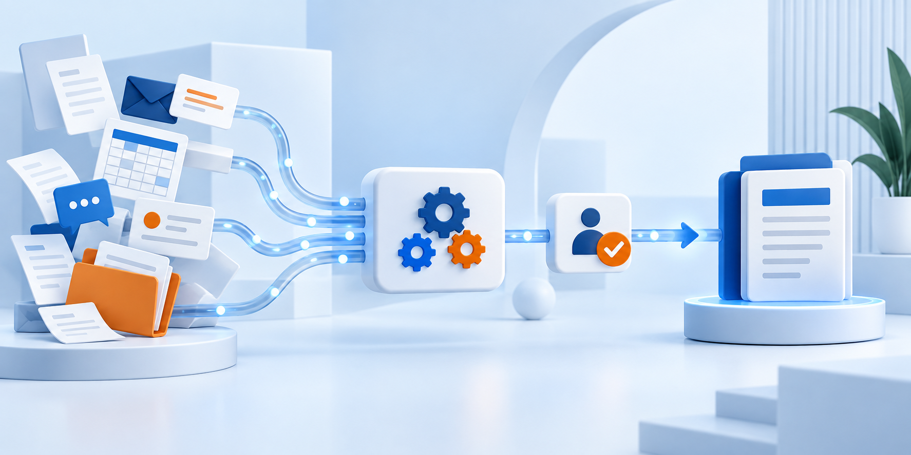Scattered business documents moving through an organized workflow into one reviewed output