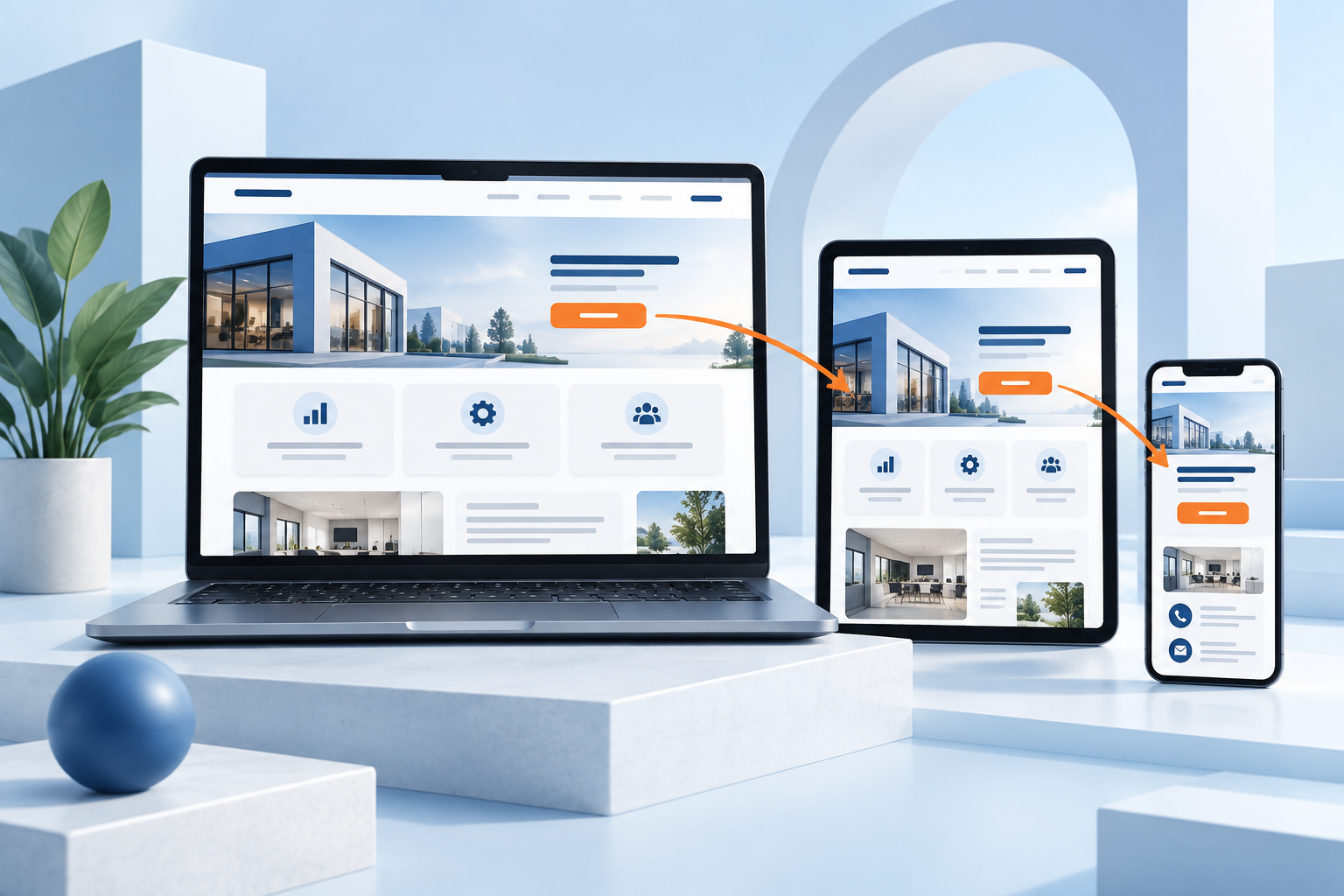 A responsive small-business website displayed across a laptop, tablet, and phone